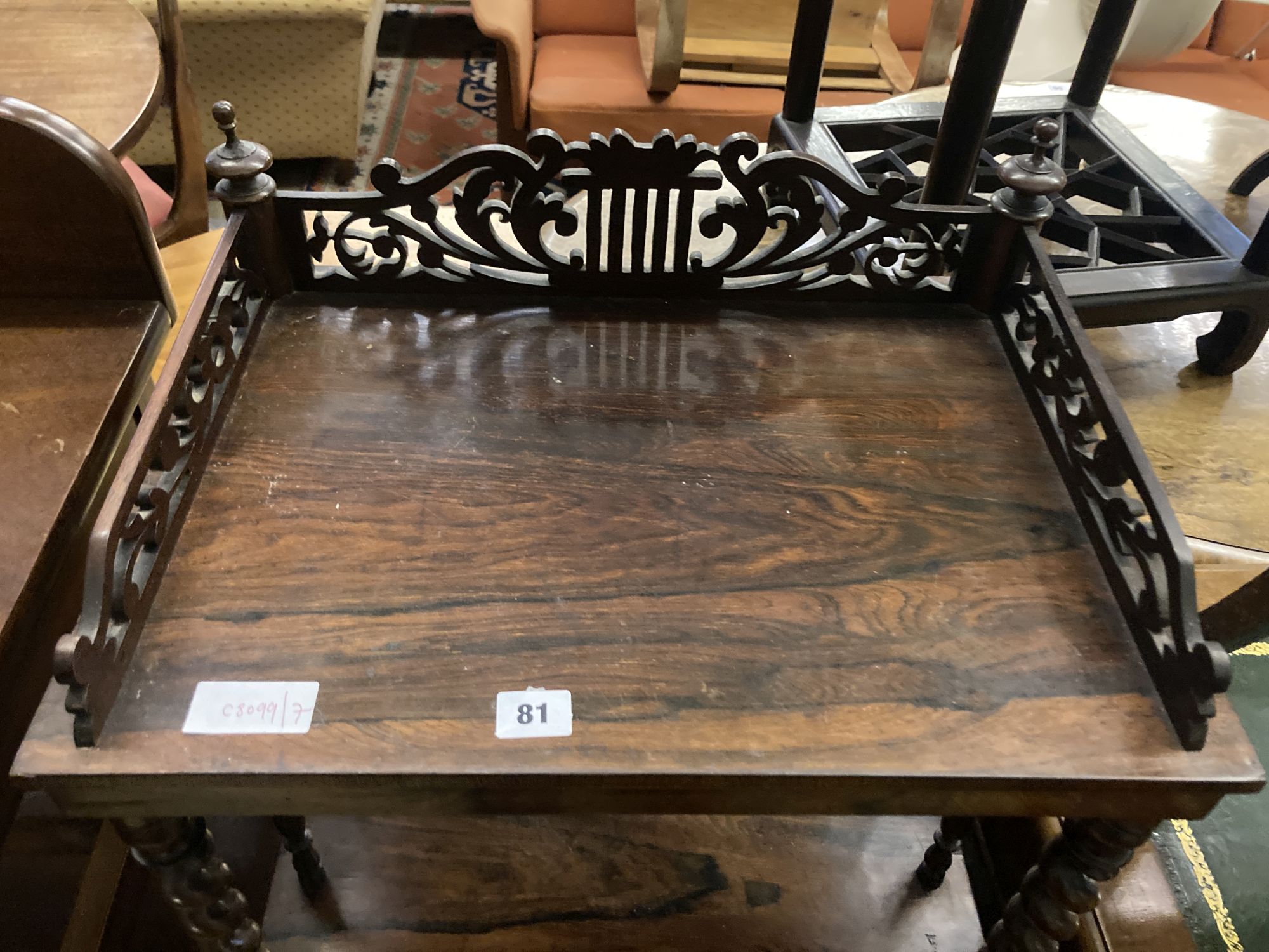 A Victorian rosewood three tier whatnot, width 50cm depth 36cm height 108cm